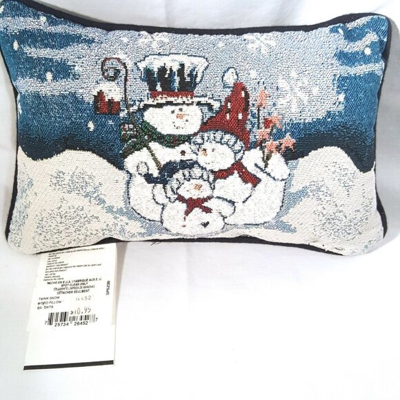 Vintage Goodwin Weavers Snowmen Word Pillow Blue White Tapestry Throw Winter New - Picture 1 of 5